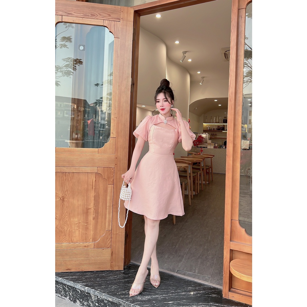 - Váy xòe hoa cổ tàu tay bồng vải tafta tiểu thư ulzzang - K22 - jannahouse