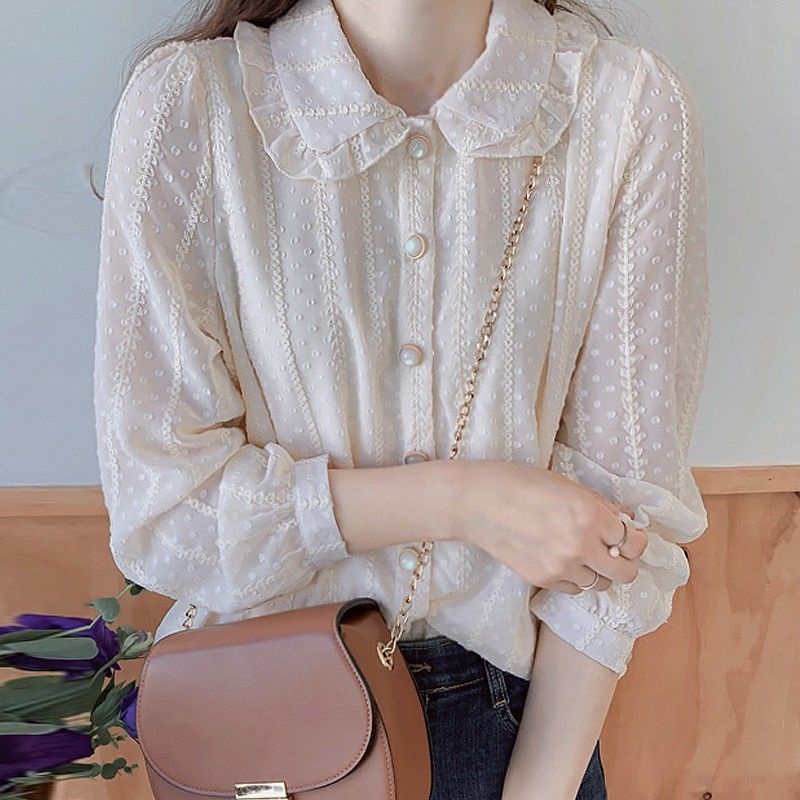 Áo Sơ Mi Chiffon Tay Dài Cổ Búp Bê Thời Trang Mùa Xuân 2021 Cho Nữ