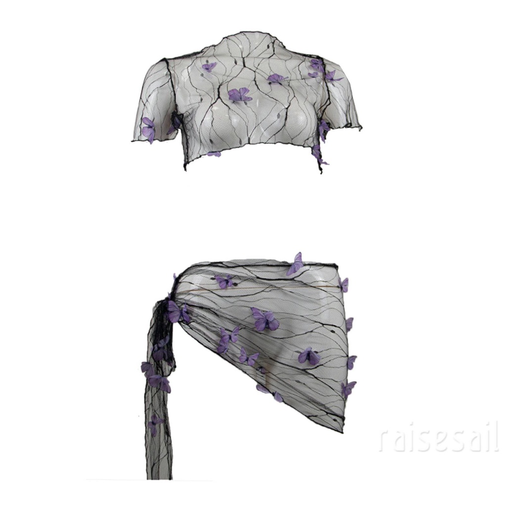 Rs-Phụ Nữ Bikini Bursuit Lưới Vải Trong Suốt Stereo Bướm Trang Trí Ngắn Tay Áo Crop Top Ren-Up Sarong