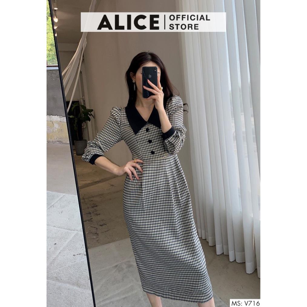 Váy Công Sở Kẻ Dài Tay Dáng Suông ALICE V716, Váy Thiết Kế Bo Cổ Tay Sang Chảnh Cho Mùa Thu Đông YAN