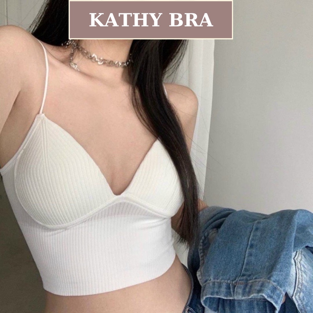 A18 Áo Bra Nữ KATHY BRA Chất Len Tăm Dày Mịn Hai Dây Kiểu Dáng Croptop Có Mút Ngực Không Gọng Dễ Mix Đồ
