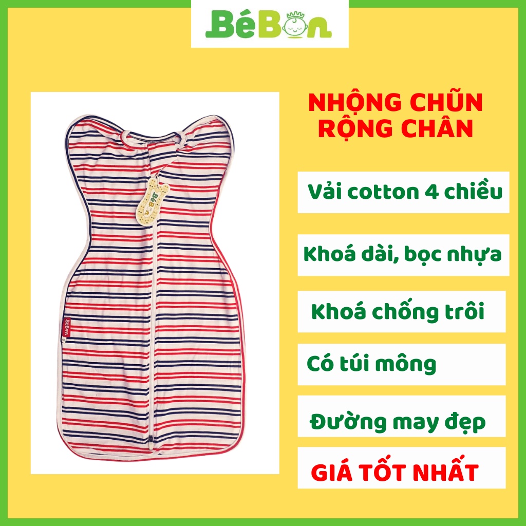 Quấn chũn nhộng chũn cho bé sơ sinh kiểu rộng chân mở tay, kín tay dùng cho giai đoạn cai nhộng ngủ ủ kén cocoon noonon