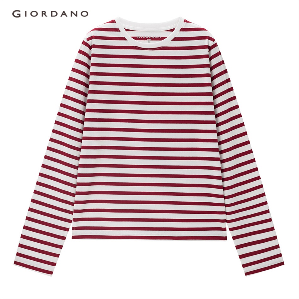 Áo thun GIORDANO 13322751 cổ tròn tay dài chất cotton màu tương phản kiểu dáng cá tính bắt mắt thường ngày cho nữ