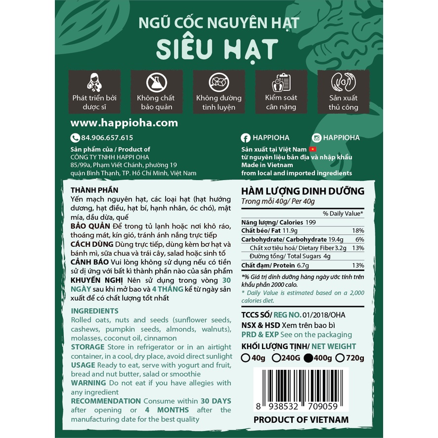 Granola Super Nutty Siêu Hạt HAPPI OHA - Ngũ Cốc Ăn Sáng/ Ngũ Cốc Ăn Kiêng Không Đường Tinh Luyện Yourshop