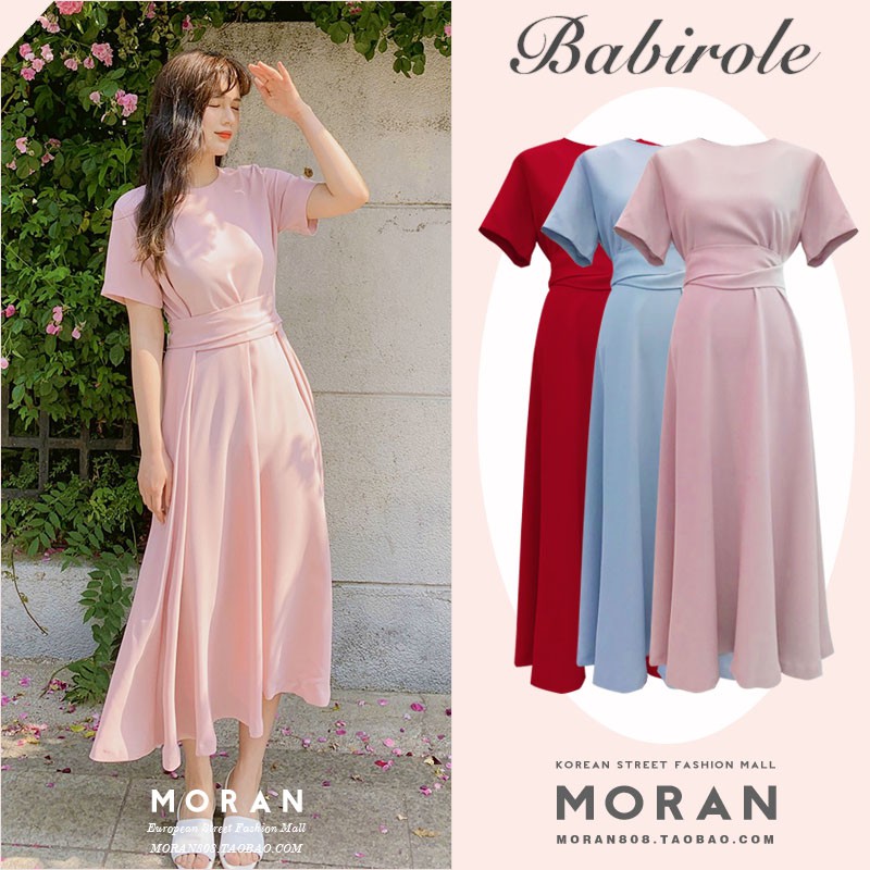 Váy MORAN cộc tay xòe dài thắt eo thướt tha ngọt ngào mùa hè vintage Hàn Quốc