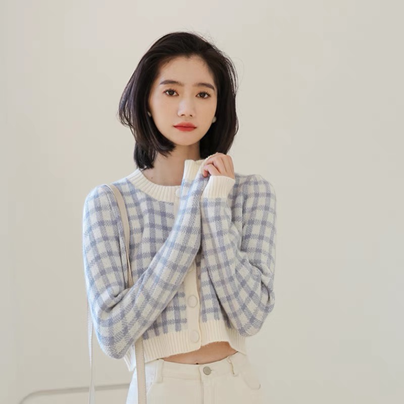 Áo Khoác len Cardigan Dệt Kim Cổ Tròn Sọc Caro Phong Cách Hàn Quốc Thời Trang Mùa Thu Cho Nữ | BigBuy360 - bigbuy360.vn