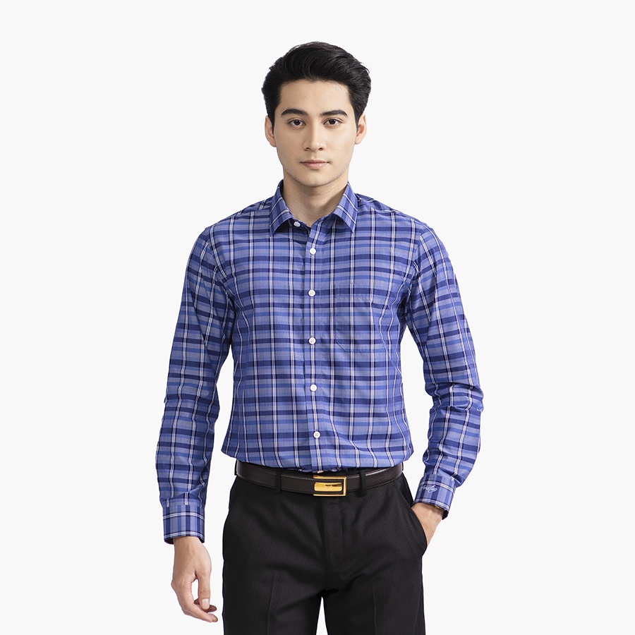 Áo Sơ Mi Nam Dài Tay ARISTINO ALS40902 Somi Công Sở Cao Cấp màu xanh kẻ dệt vải sợi sồi dáng suông tà lượn có túi