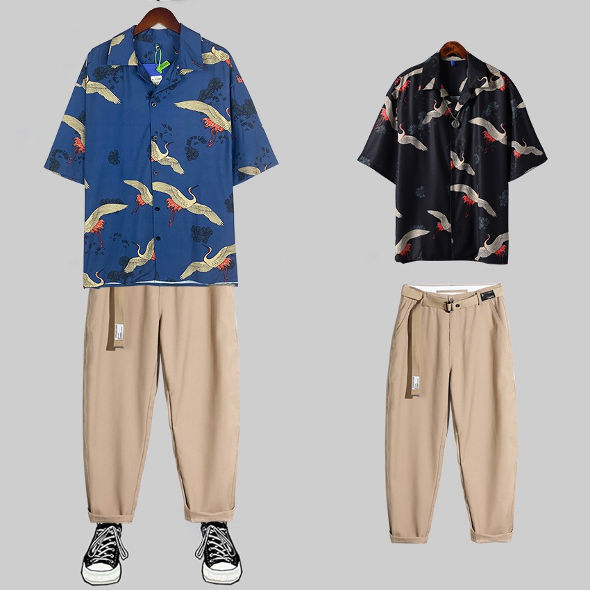 Combo Áo Sơ Mi Ngắn Tay Hoạ Tiết Chim Hạc Kết Hợp Quần Tây Âu Dáng Baggy (Tặng Dây Lưng) SOMI 35 + JOGGER 66 CR | BigBuy360 - bigbuy360.vn