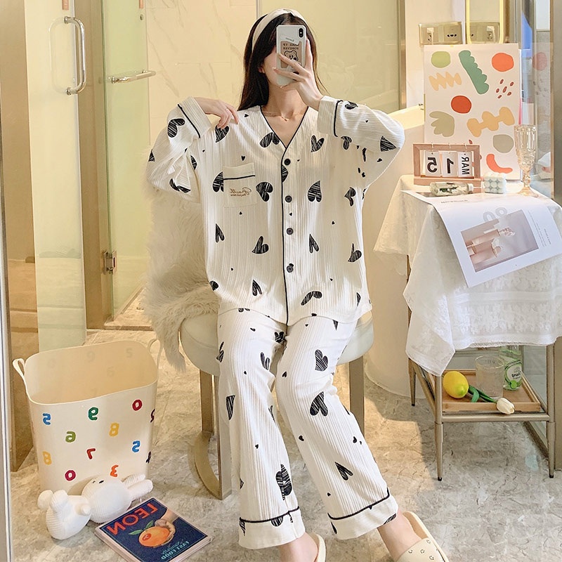 Bộ đồ ngủ dài tay dễ thương thu đông bigsize mặc nhà vải cotton phong cách Cardigan, bầu bì bon chen ok | BigBuy360 - bigbuy360.vn