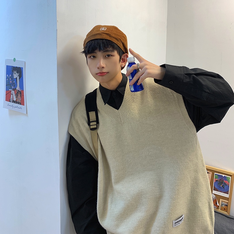 Áo Sweater Sát Nách Dáng Rộng Cổ Chữ V Màu Trơn Thời Trang Mùa Thu Hàn Quốc Cho Nam