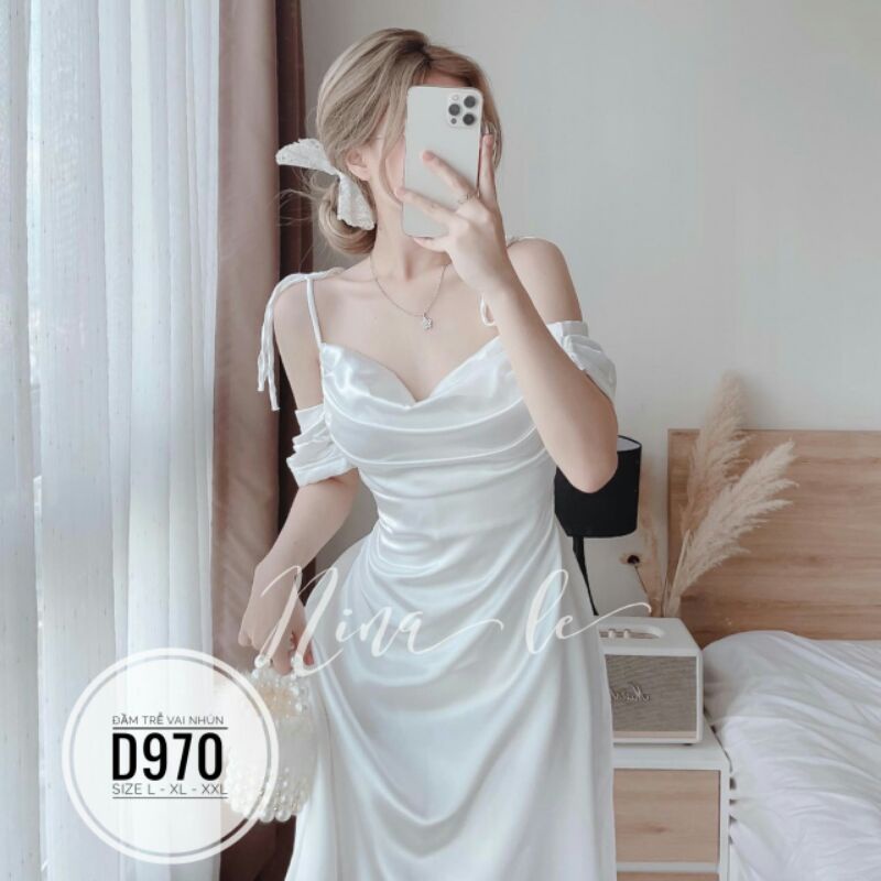 ĐẦM DỰ TIỆC TRỄ VAI BIG SIZE LỤA SATIN SANG CHẢNH MÀU ĐEN /#TRẮNG/KEM/ MÀU XÁNH XÁM/ MÀU CAM