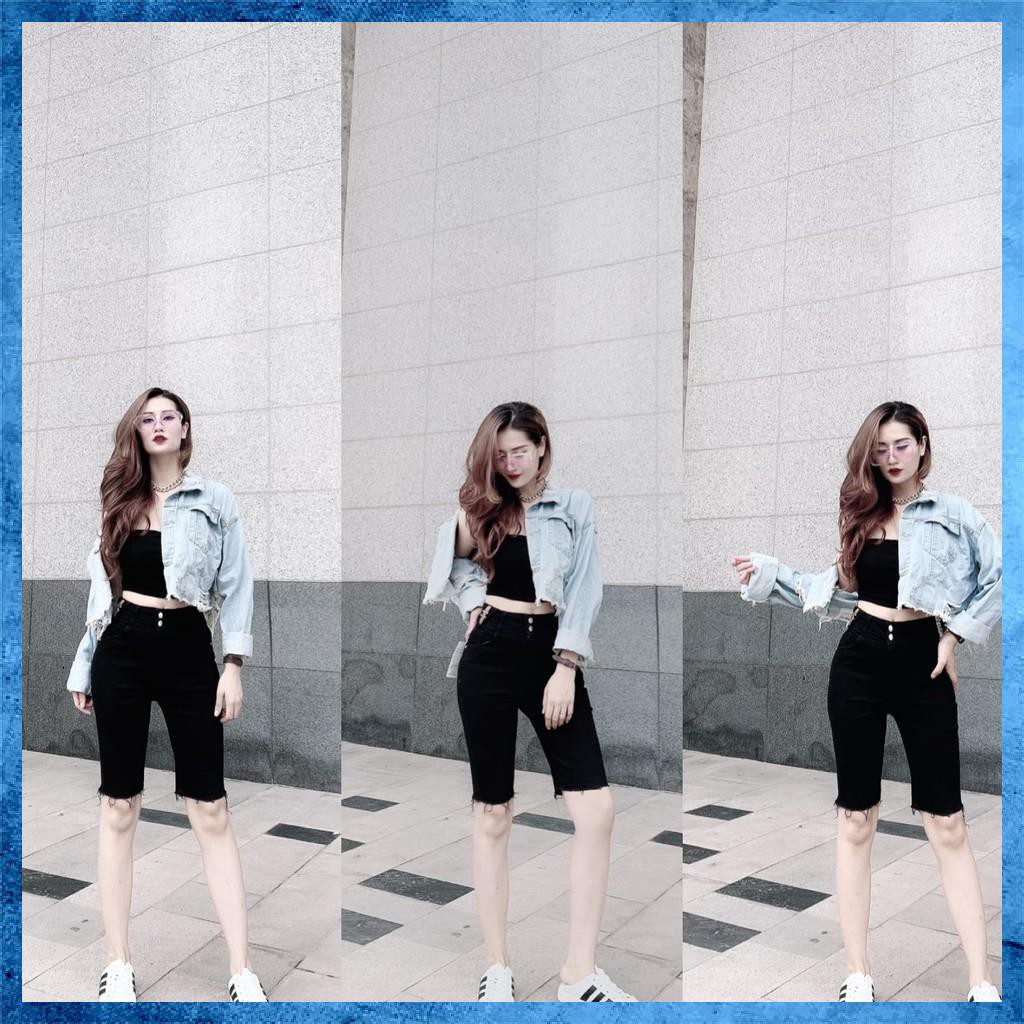 [Jeans nữ thiết kế] Quần ngố jeans trơn lưng cao túi chéo 2 khuy. Mã N1120