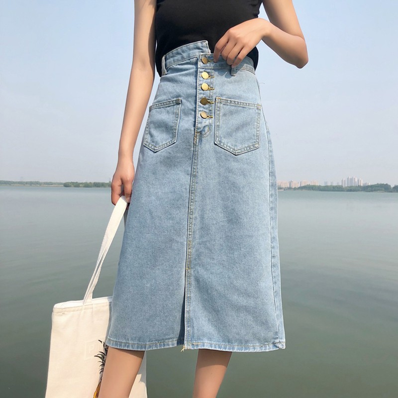 Chân Váy Bò Jeans Dáng Dài Lệch Khuy Ulzzang - Hàng Quảng Châu Loại 1