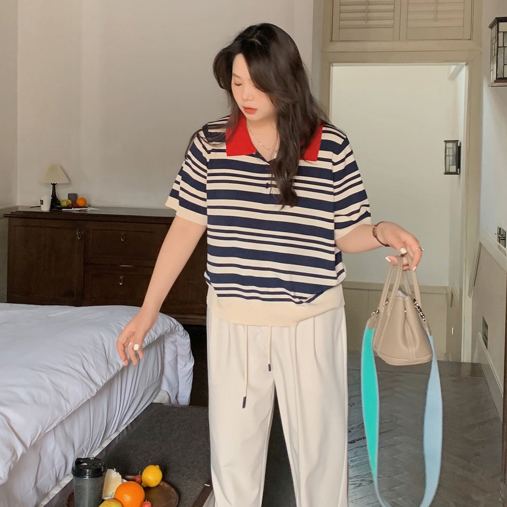 Áo polo Dệt Kim Tay Ngắn Dáng Rộng Họa Tiết Kẻ Sọc Thời Trang Mùa Hè Mới Cho Nữ Có Size Lớn