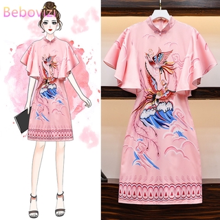 Áo dài Đầm sườn xám in họa tiết hình chim phượng hoàng kích thước M-4XL phong cách cổ điển Trung Quốc