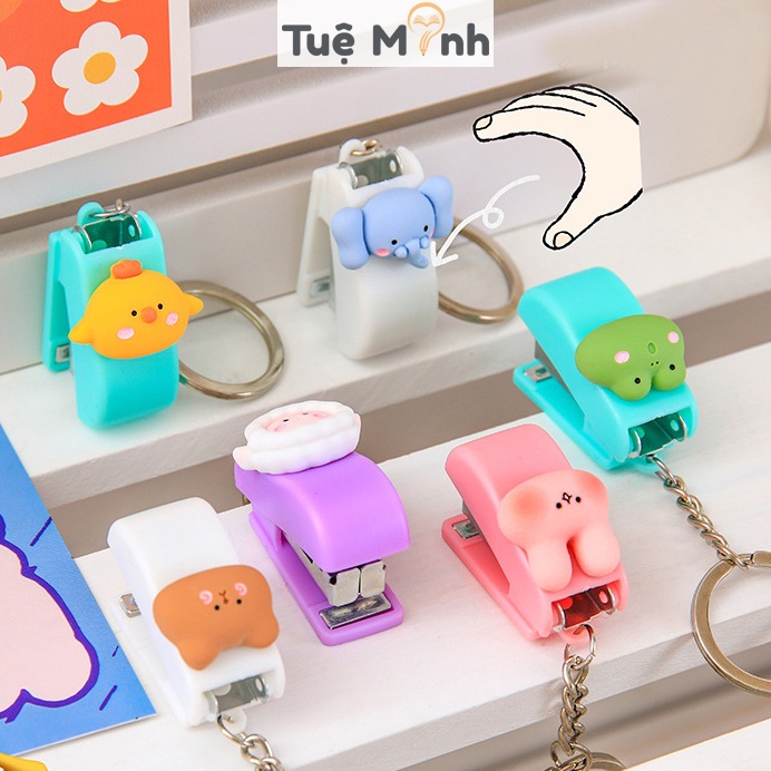 Dập ghim mini động vật kiêm móc khóa, bấm ghim cute, đồ bấm kim giấy dễ thương