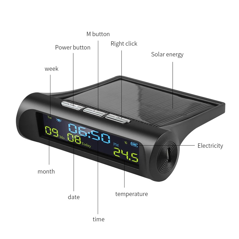 Đồng Hồ Điện Tử Năng Lượng Mặt Trời Có Màn Hình LCD Hiển Thị Nhiệt Độ Ngày Tháng Cho Xe Hơi