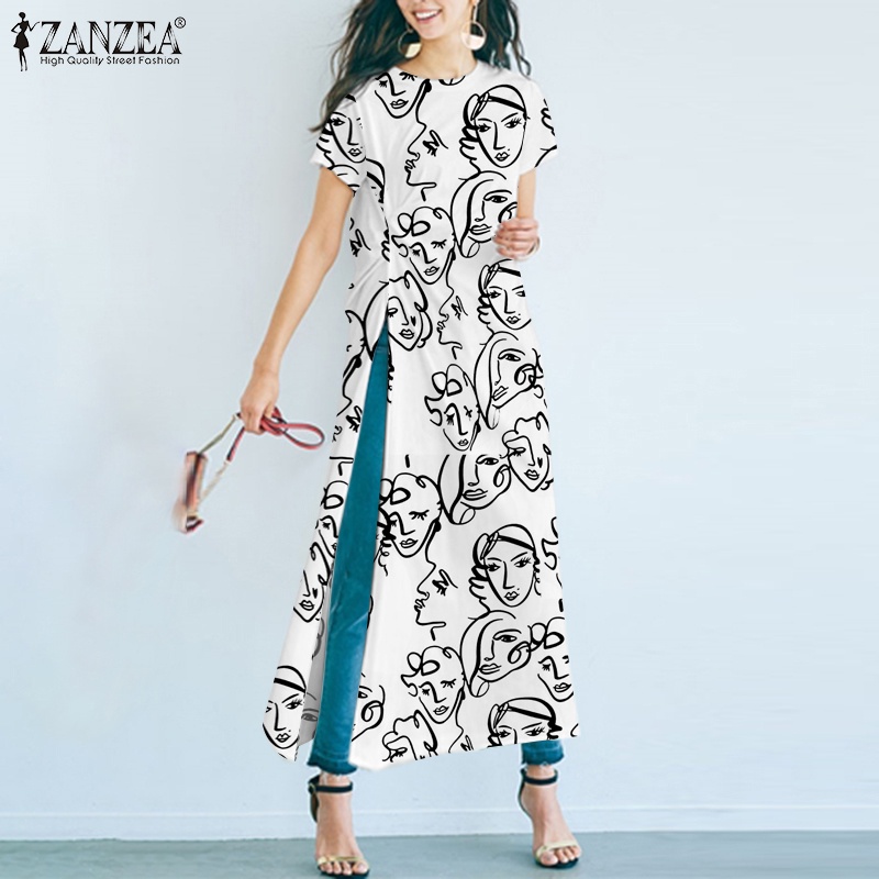 Áo kiểu Zanzea tay ngắn cổ tròn phong cách retro cho nữ