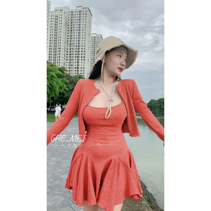 Sét đầm 2 dây xòe kèm áo khoác trơn cực xinh , chất thun gân dày dặn ly