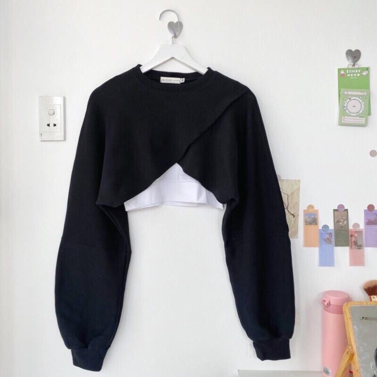 Áo Croptop Nữ Kiểu Tay Dài Phồng Dáng Rộng Đắp Chéo BEE Ulzzang   A08