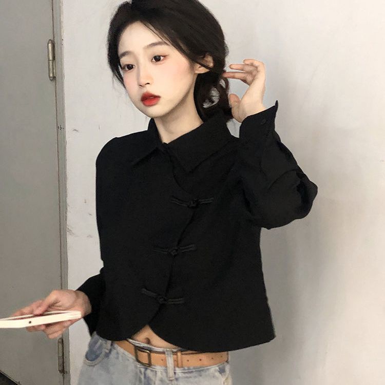 Áo Sơ Mi Ngắn Tay Dài Màu Đen Phối Nút Thời Trang Vintage Trung Hoa