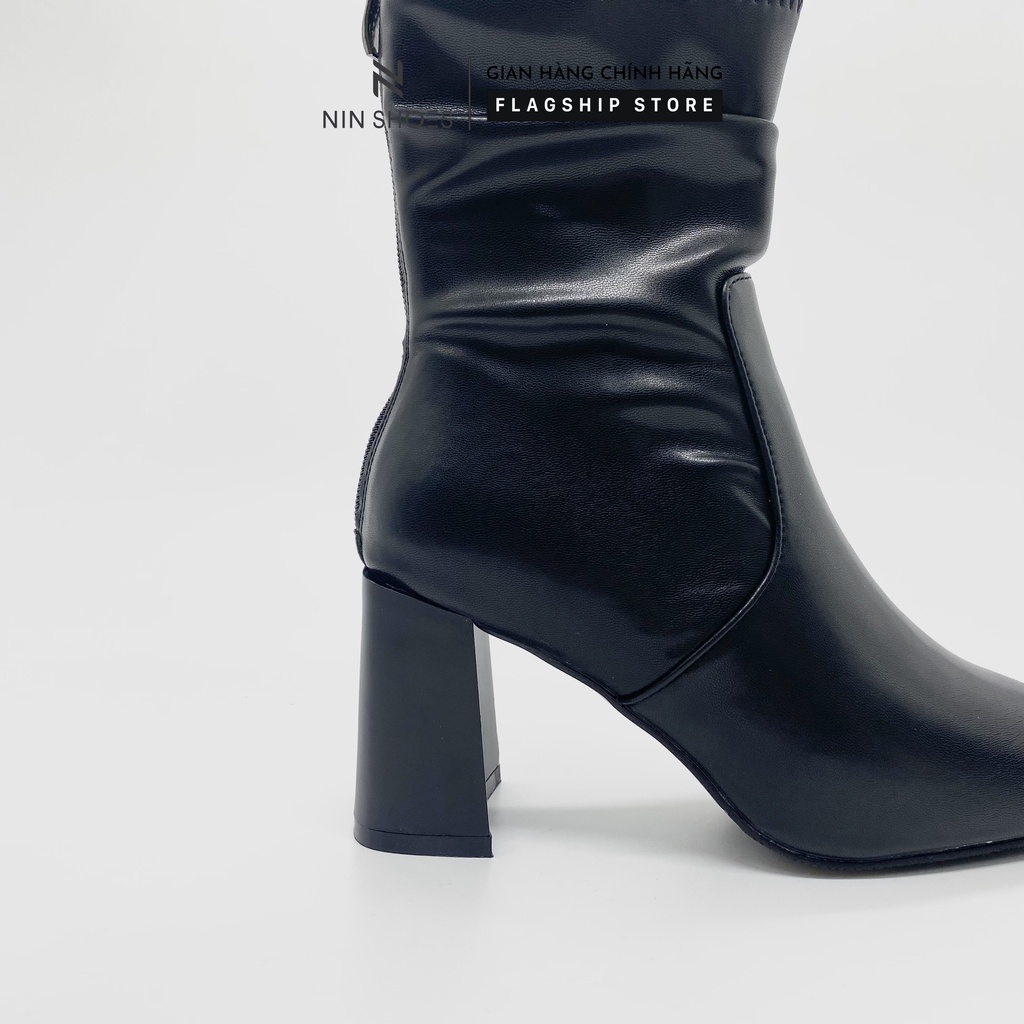 Giày Boot nữ 9p QCCC gót vuông cao cổ kéo khóa sau da si Ninshoes | BigBuy360 - bigbuy360.vn
