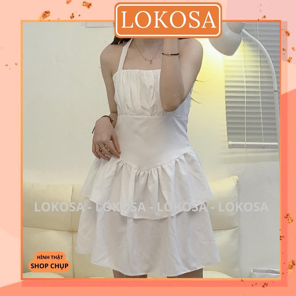 Đầm dự tiệc LOKOSA Váy Body Trắng cổ yếm Dáng Xòe Xếp Tầng Cột Dây Thiết Kế Hở Lưng VD032