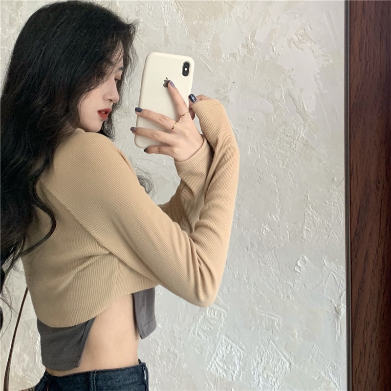 Áo Croptop Tay Dài + Áo Khoác Ghi Lê Xẻ Tà Thời Trang Hàn Quốc Cho Nữ