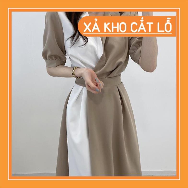 [Quần Áo Hot] Đầm sơ mi cổ bẻ dài tay phối 2 màu đính khuy thắt eo xòe dài nhẹ nhàng thanh lịch
