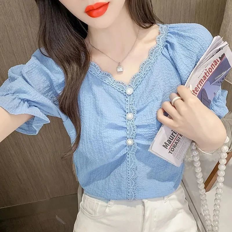 Áo Sơ Mi chiffon Tay Ngắn Cổ v Thời Trang Mùa Hè Cho Nữ