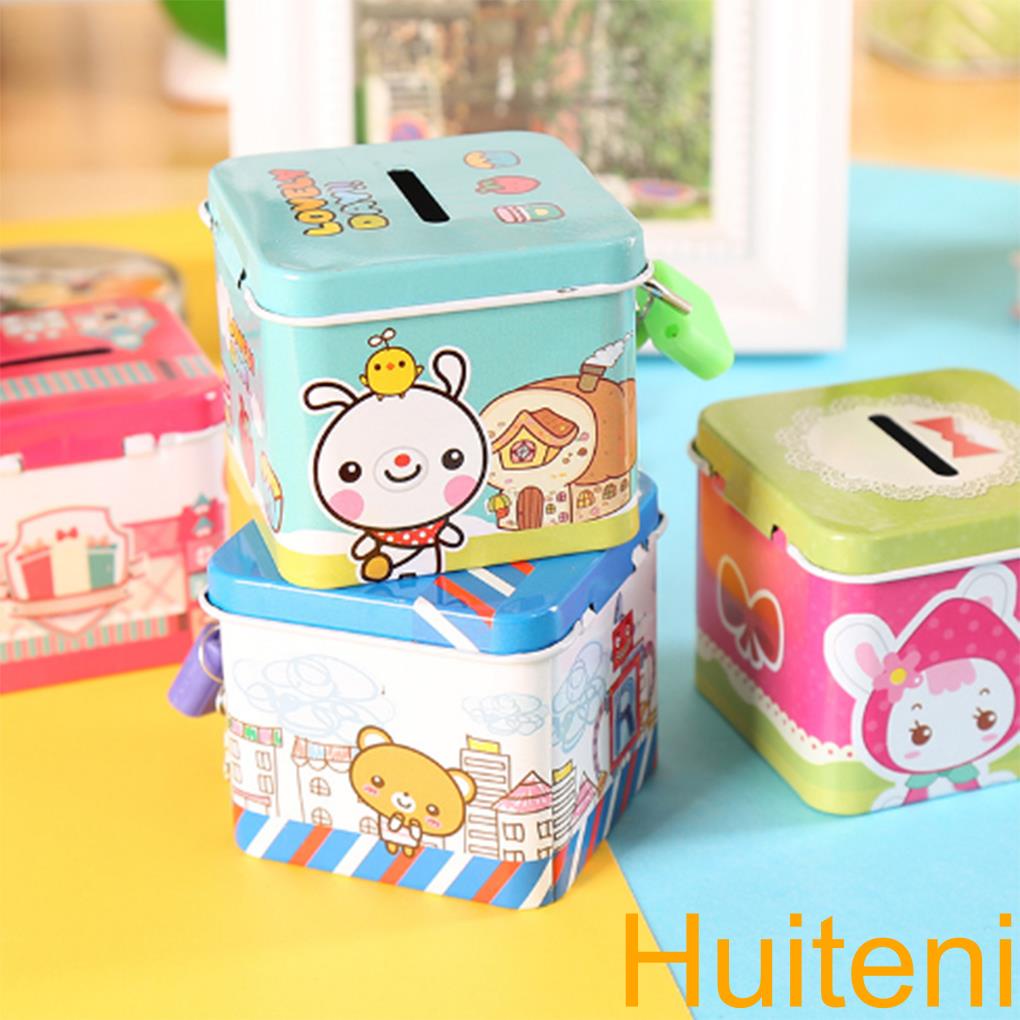 Cartoon Cute Square Tin Metal Piggy Bank Saving Cash Coin Money Box Children Toy Kids Gifts Random Color【Huiteni】