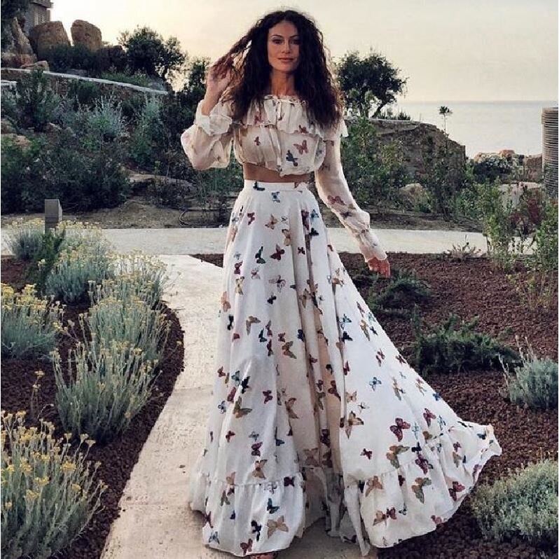 Set Áo Thun Ngắn Tay + Chân Váy Maxi In Họa Tiết Phong Cách bohemian Dành Cho Nữ