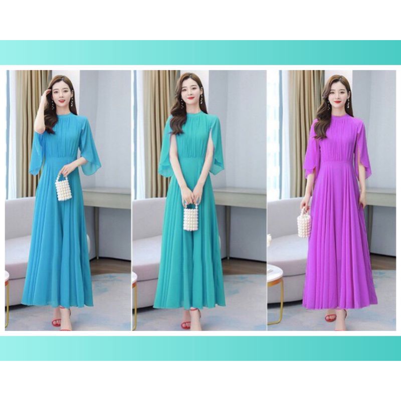 Đầm Maxi Lụa Xếp Ly Cánh Tiên Dáng Xòe Vintage 3 Màu Tím /Xanh Ngọc/Xanh dương