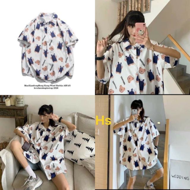 Áo Sơ Mi Nữ Ngắn Tay Gấu Mặc Yếm Freesize Siêu Xinh Unisex 🦋 Áo Somi Nữ Ngắn Tay Dáng Rộng&lt;br&gt;