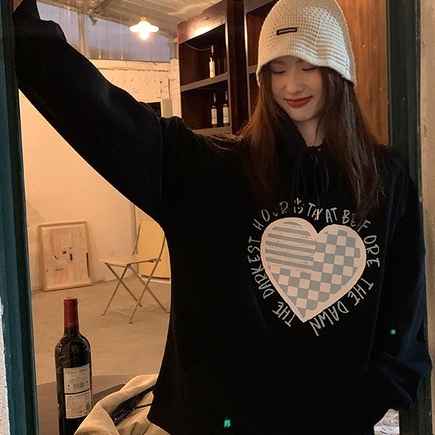 Áo hoodie ZHELIHANGFEI tay dài dáng rộng in họa tiết trái tim tình yêu dễ phối đồ trẻ trung
