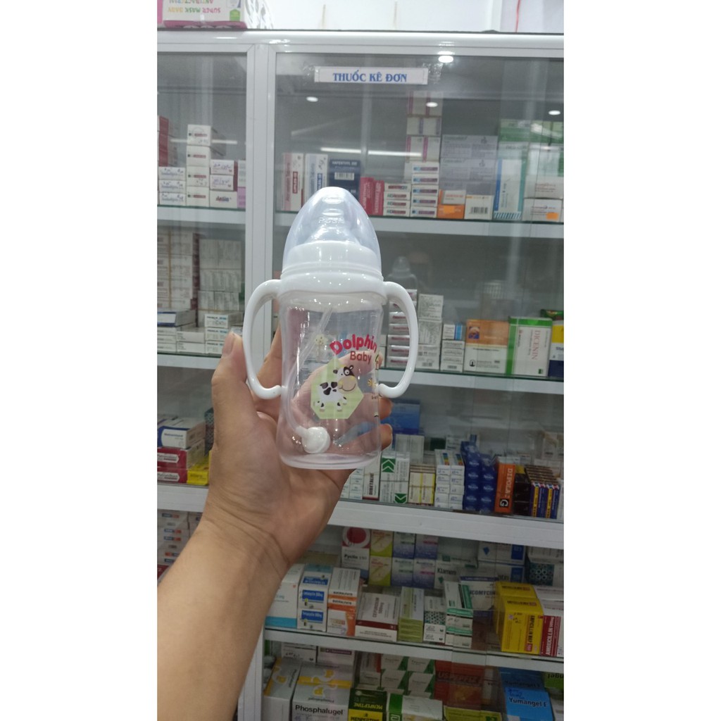 BÌNH SỮA DOLPHIN CỔ RỘNG 240ml CÓ ỐNG DẪN SỮA -TẶNG 01 BÀN CHẢI ĐÁNH RĂNG EM BÉ THÁI LAN