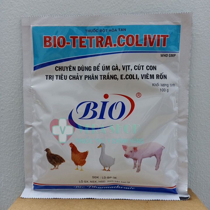 BIO TETRA COLIVIT 100G - Úm gà, vịt, cút con, Tiêu chảy phân trắng, Ecoli