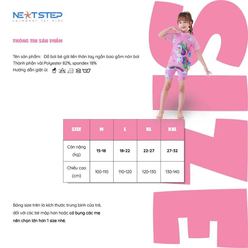 Đồ bơi trẻ em , đồ bơi bé gái | liền thân tay ngắn bao gồm nón bơi họa tiết kỳ lân size cho bé đến 30kg