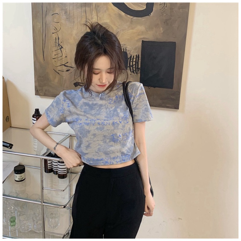 Áo Thun Croptop Tay Ngắn Dáng Ôm Màu Nhuộm Thời Trang Hàn Quốc Cho Nữ