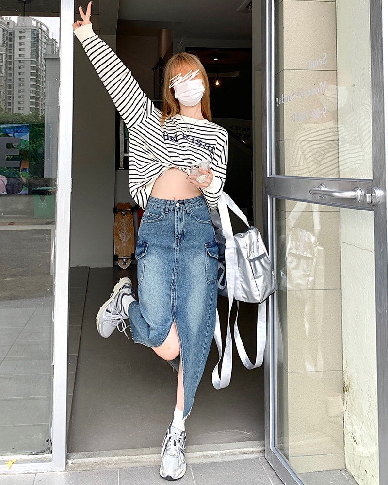 Chân Váy Denim Chữ A Lưng Cao Xẻ Tà Phong Cách Mới 56455