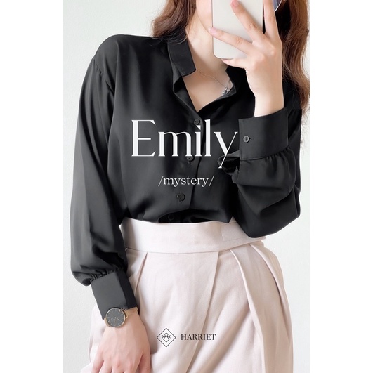 Áo sơ mi nữ đen cổ tàu lộ cúc Emily Harriet