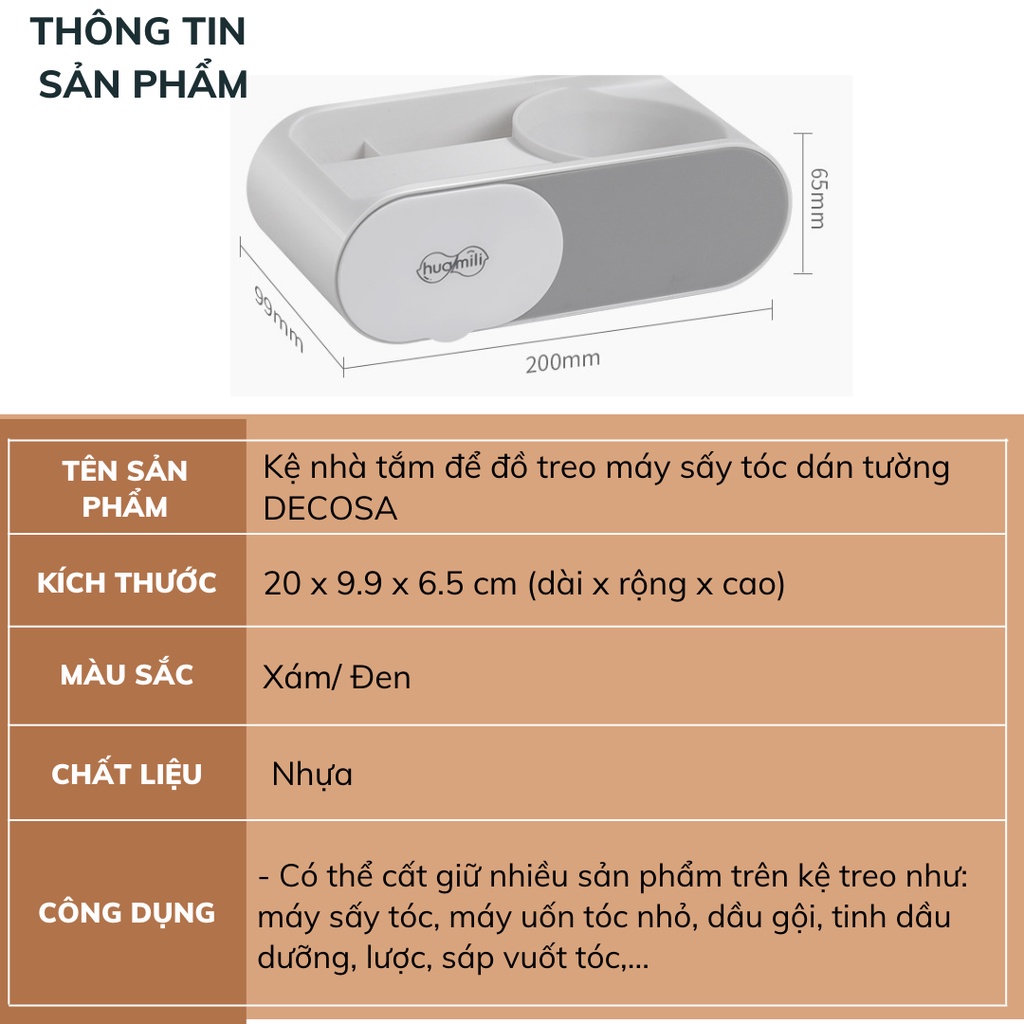 [Mã LIFE2403ALL giảm 10% đơn 50K] Kệ nhà tắm để đồ treo máy sấy tóc dán tường DECOSA