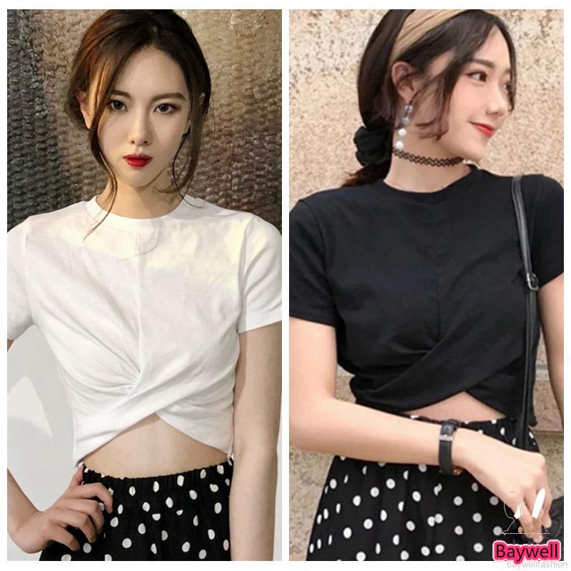 [Baywellfashion]Áo Croptop Cổ Tròn Màu Trơn Thời Trang