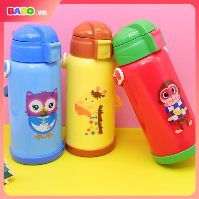 Bình Nước cho bé 2 Lớp Cách Nhiệt Có dây đeo, Ống Hút silicol an toàn cho bé, dành cho trẻ từ 1 tuổi 350ML