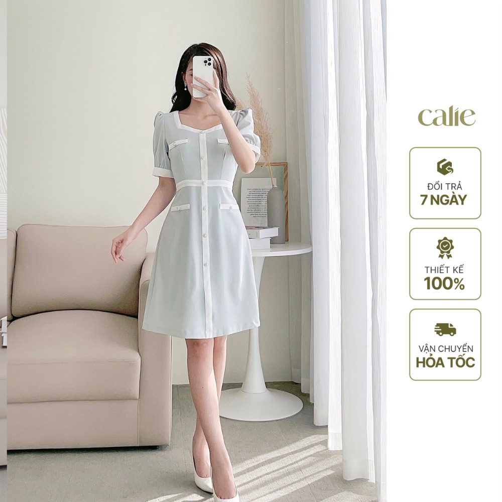 Váy dáng A phối cúc sang chảnh, Đầm sáng suông trẻ trung tôn dáng calie VA153