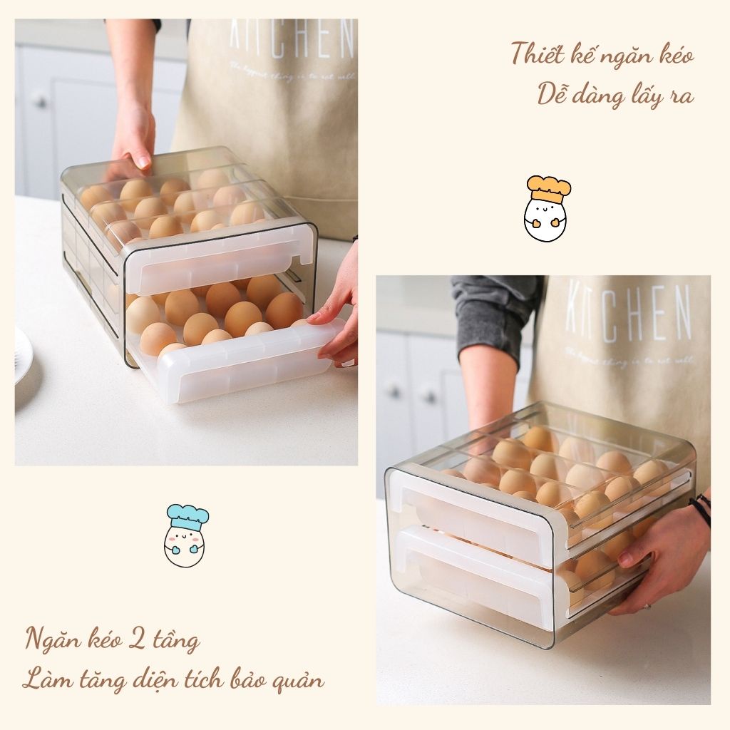 Hộp đựng trứng tủ lạnh bảo quản trứng có 2 tầng ngăn kéo 32 ô trong suốt cao cấp EC Life 0515