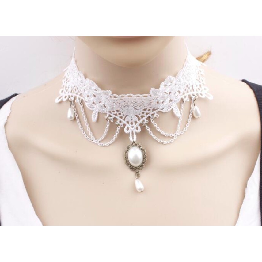 Vòng cổ nữ choker ren trắng treo giọt nước sang trọng
