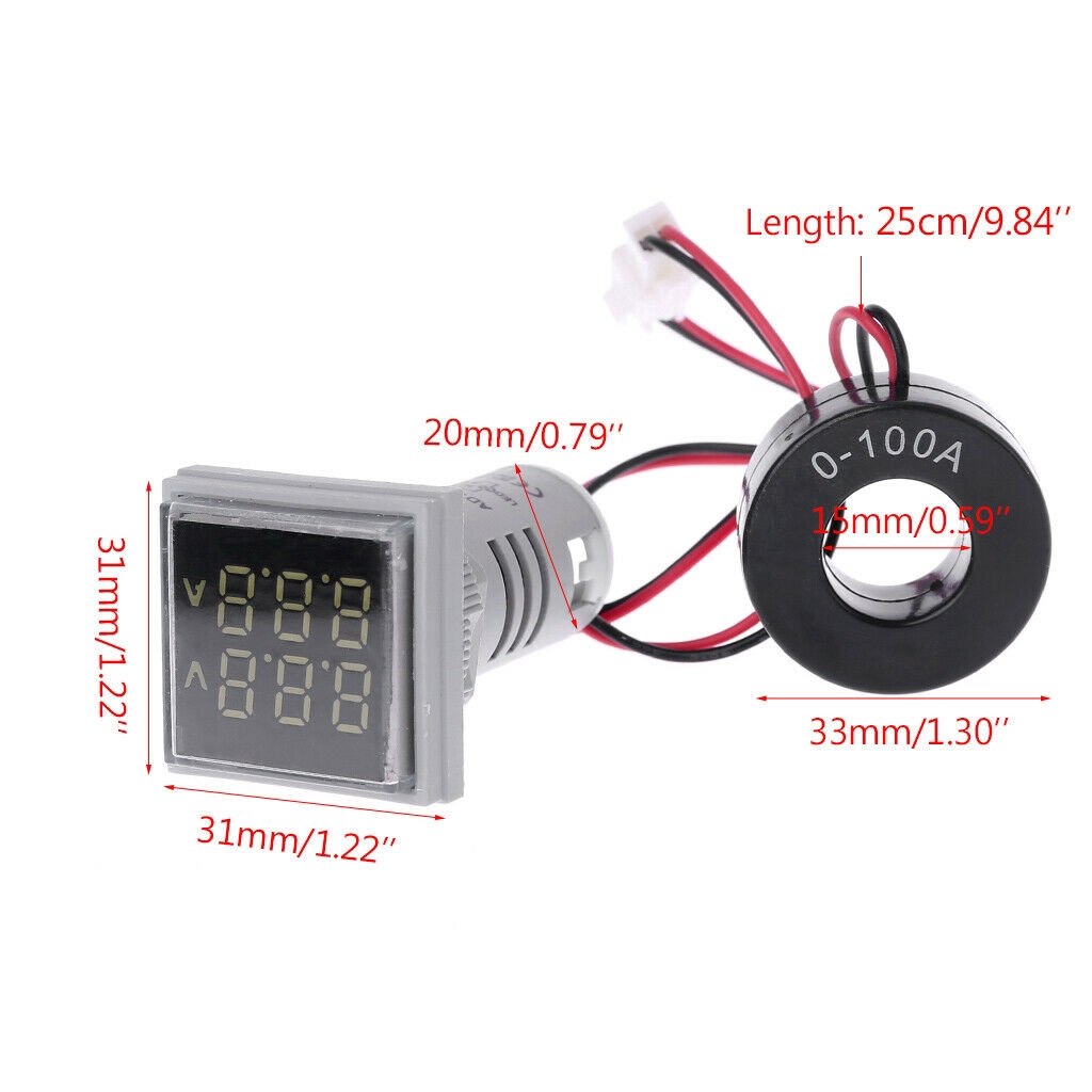Volt kế &amp; ampe kế kỹ thuật số AC 50-500V 0-100A 22mm có đèn LED