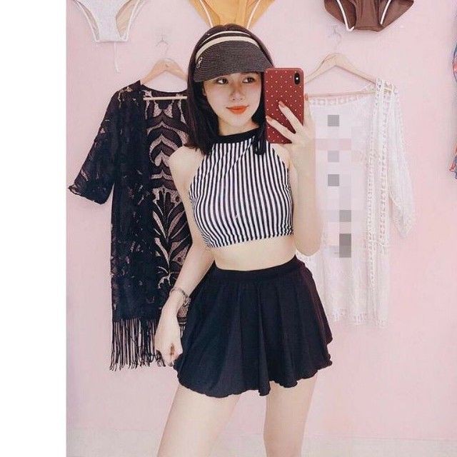 Đồ bơi Bikini hai mảnh sọc đen trắng chất thun mặc đi biển đi bơimới 2021