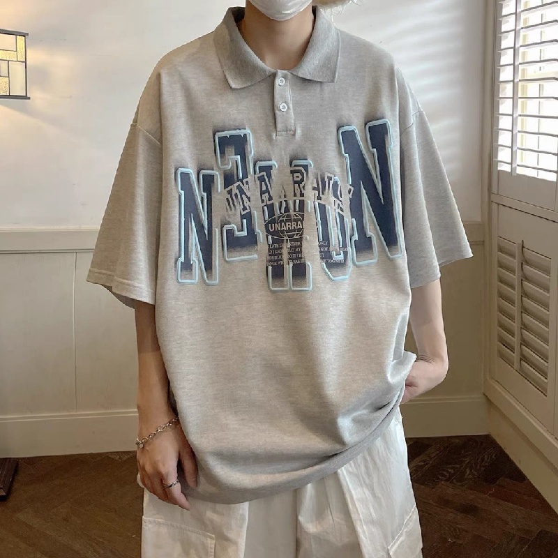 Áo Thun POLO Tay Ngắn Dáng Rộng Thoáng Khí In Chữ Phong Cách hip hop Đường Phố Hàn Quốc Thời Trang Mùa Hè Cho Nam